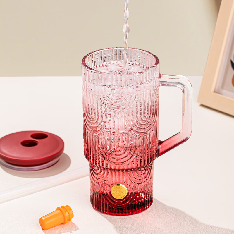 乐唯诗网红超大容量把手吸管玻璃杯子冰霸杯高颜值家用办公室巨无霸水杯 冰霸吸管杯【樱桃红】 620ml 1只
