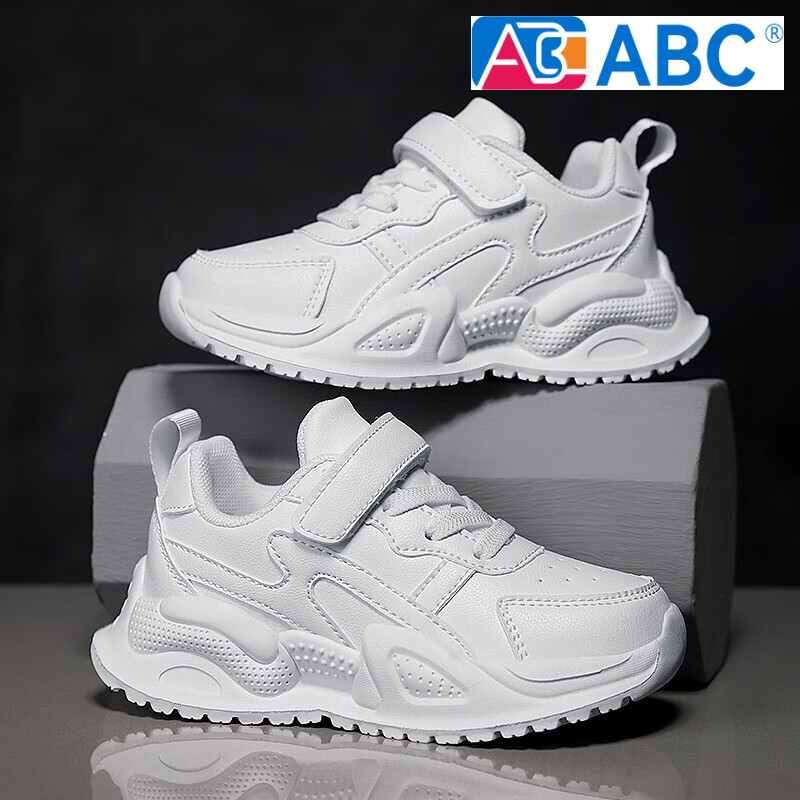ABC儿童小白鞋幼儿园女童运动鞋2024春秋男童鞋子夏大童网面白色板鞋 hl-159白色皮面 17 28码内长.6cm