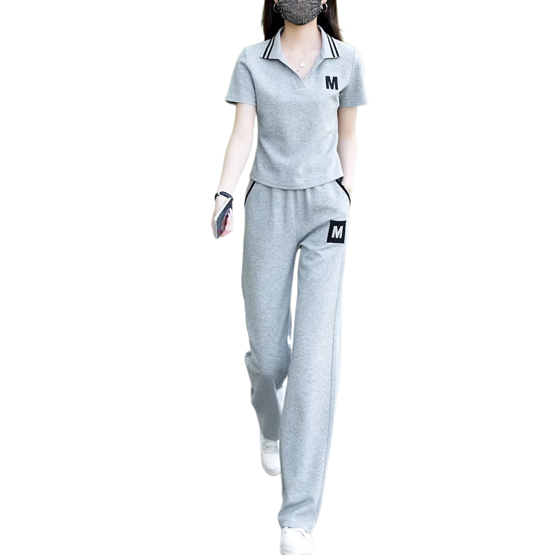 皮爾卡丹休閑運動套裝女2025夏季新款時尚小個子減齡短袖兩件套高端氣質(zhì) 灰色 M 85-100斤