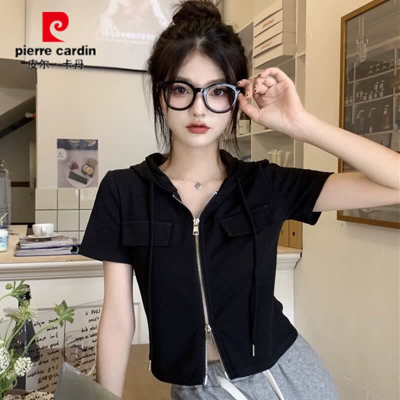 皮尔卡丹(pierre cardin)拉链连帽短袖t恤女2026夏季新款韩系修身显瘦遮肚子短款甜辣上衣 灰色【面料不起球不掉色】 M 建议86-100斤