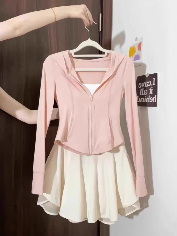 汇诗尚防晒衣修身粉色冰丝防晒衣女2025新款修身收腰瑜伽服短款运动上衣 粉色优质版 S S建议75-95斤