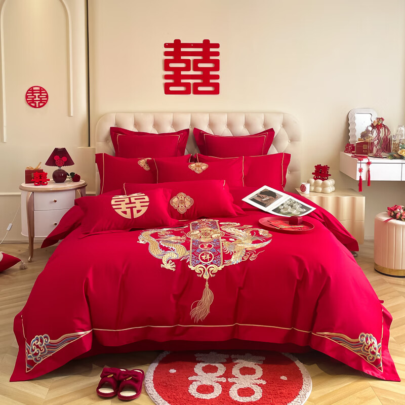 結(jié)婚四件套中式龍鳳刺繡大紅色婚慶四件套新婚陪嫁純棉六件床單 龍鳳喜事 四件套1.5床單款四件套