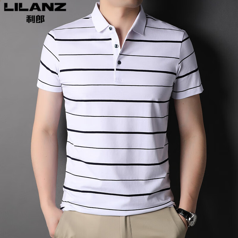 利郎男装夏季纯棉翻领短袖t恤时尚休闲韩版条纹薄款半袖POLO衫男 白色 S 165/84A