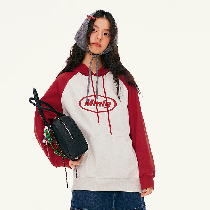 Mmlg 87mm 2025年新款拼接撞色经典logo连帽卫衣女袋鼠口袋情侣款上衣 浆果红 S
