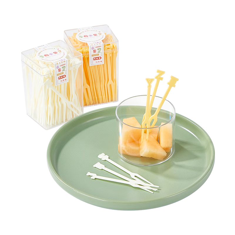 SHUANG YU一次性叉子套水果叉食品級(jí)塑料兒童蛋糕叉甜品果盤小簽子260支