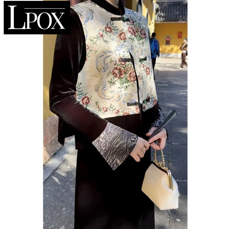 LPOX套装女2025春秋新款感新中式国风盘扣马甲外套+连衣裙两件套 单件刺绣马甲【内里】 M 建议95-105斤