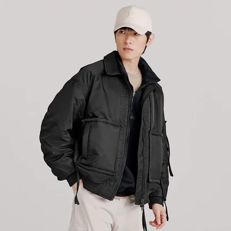 千仞岗春秋季工装羽绒服短款轻薄夹克男士翻领大口袋保暖外套休闲上衣 魔力黑 2XL (180)