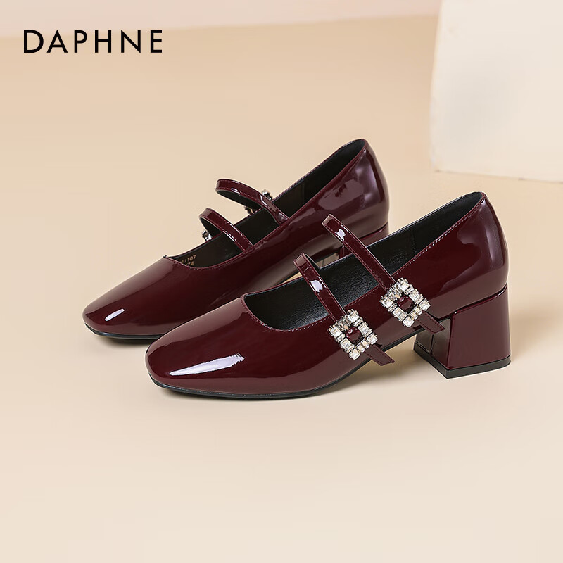 达芙妮玛丽珍女鞋2026春季新款粗跟方头高跟鞋女复古浅口皮鞋单鞋女JD 酒红色【4.5cm粗跟】 37