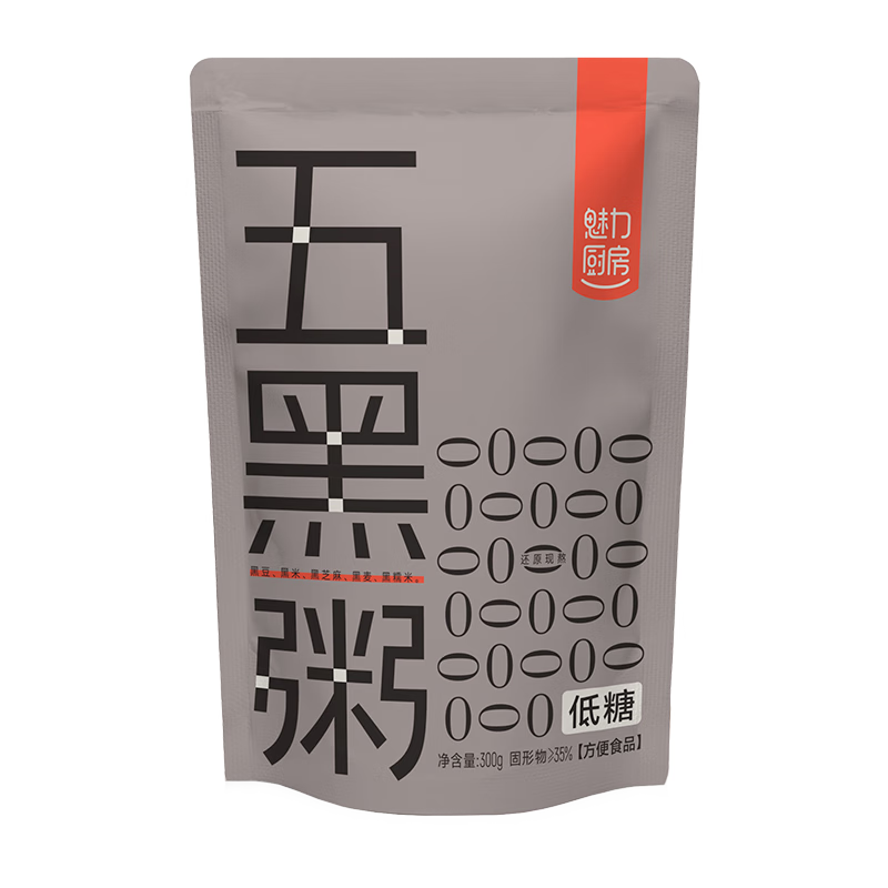 魅力厨房 即食五黑粥300g*1袋0添加剂黑米黑芝麻黑豆黑麦黑糯米方便速食粥