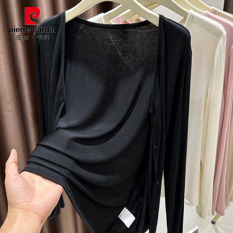 皮尔卡丹(pierre cardin)莫代尔披肩防晒衣女装胖mm夏季外搭皮肤衣罩衫V领开衫薄外套 奶咖色 XL 建议120-140斤