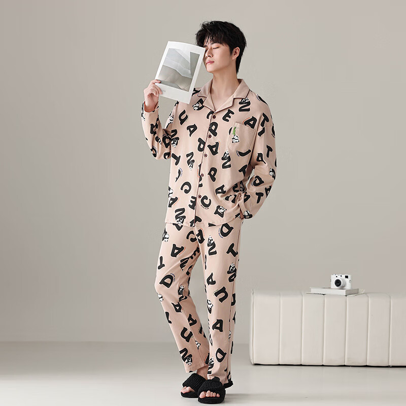 绮瑞新款春秋季情侣家居服纯棉开衫长袖卡通字母休闲全棉青年睡衣套装 咖啡女款 XL