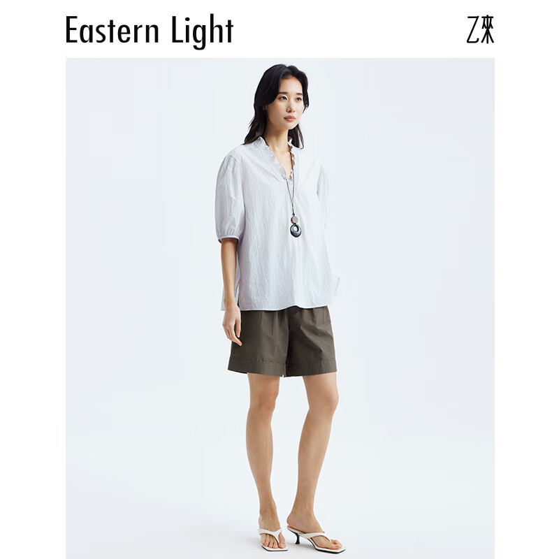 乙来(EASTERN LIGHT)2026夏季新款潮流南法拉夫领小衫衬衫连衣半身裙A字显瘦上衣气质 晨雾蓝-小衫 M