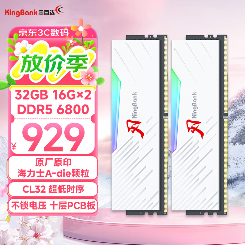 金百达（KINGBANK）32GB(16GBX2)套装 DDR5 6800 台式机内存条海力士A-die颗粒 白刃RGB灯条 C32 Deepseek硬件