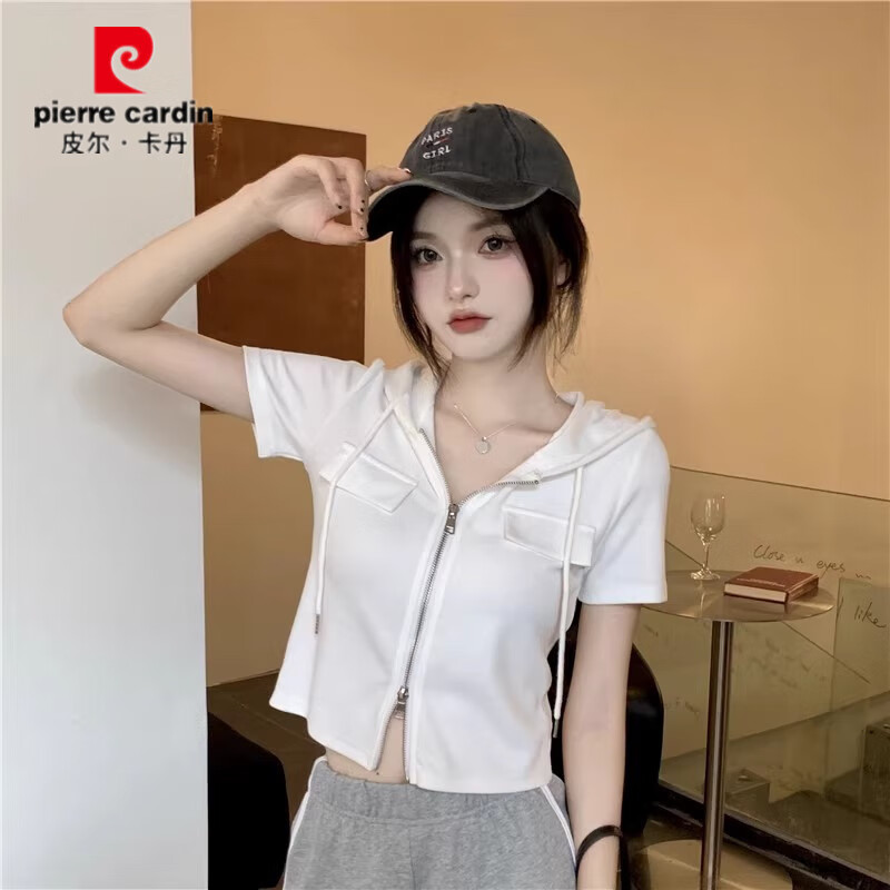 皮尔卡丹(pierre cardin)拉链连帽短袖t恤女2026夏季新款韩系修身显瘦遮肚子短款甜辣上衣 灰色【面料不起球不掉色】 M 建议86-100斤