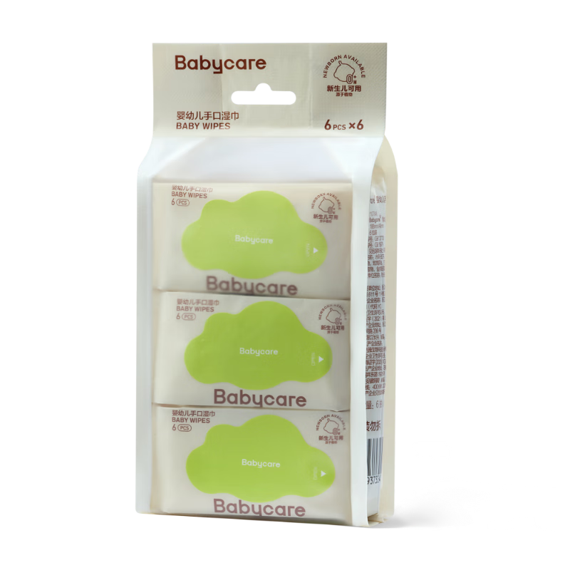 babycare婴儿手口湿巾加厚擦脸湿纸巾mini装便携出行3150绿盖湿巾6抽*6包
