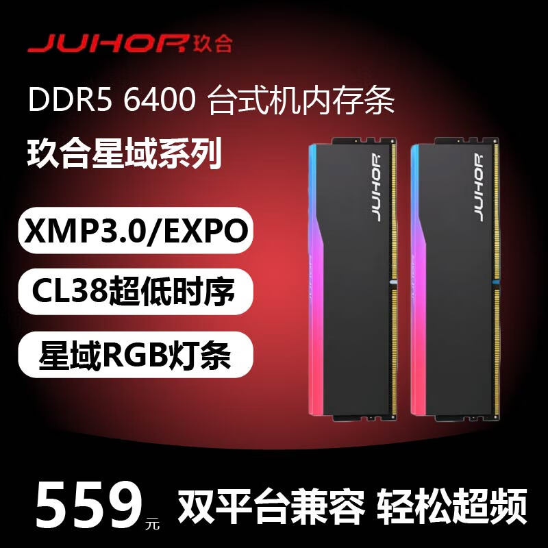 玖合 96GB(48Gx2)套装 DDR5 5600 台式机内存条 星域黑无灯 助力AI Deepseek硬件 【DDR5】星域黑甲ARGB  6400 32G