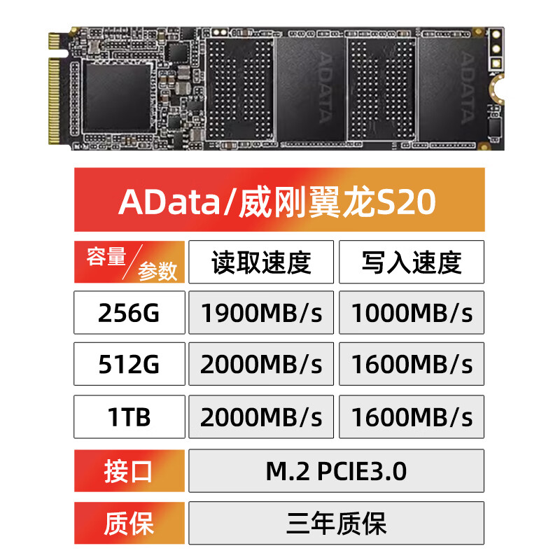 威刚（ADATA）XPG 翼龙S20 M.2固态硬盘SSD 台式电脑笔记本用游戏办公高速 AData/威刚翼龙S20 256GB