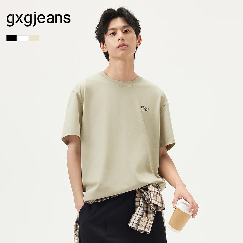 gxgjeans【服装五折】男装 多色后背字母时尚美式宽松圆领短袖T恤男 25夏 卡其色 L (175)