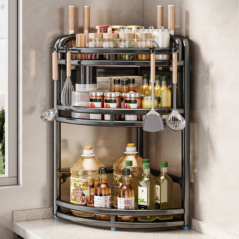 帥仕廚房置物架不銹鋼轉(zhuǎn)角調(diào)料架多功能臺面三角調(diào)味品架刀筷筒收納架 【升級加厚不銹鋼】3層長29單架