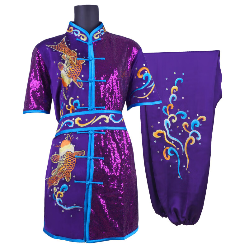 大業(yè)亨通武術(shù)服男練功表演服裝體考刺繡長拳比賽競賽彩服成人女兒童練武服 紫色 130