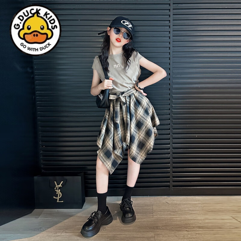 G. DUCKKIDS小黃鴨女童夏裝套裝2025新款女孩夏季潮酷穿搭女孩洋氣時髦又酷又 套裝【灰色上衣+褲裙】 120  內(nèi)帶安全短褲 防走光