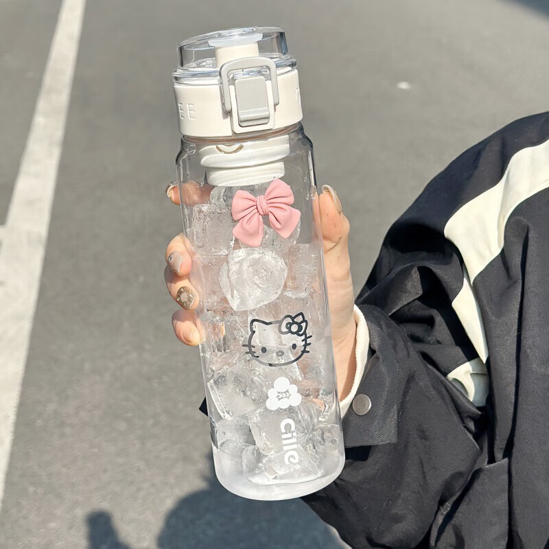 水杯简约男女生2025新款便携tritan杯子高颜值学生夏天塑料杯 雪球白+凯蒂猫+蝴蝶结 680ml