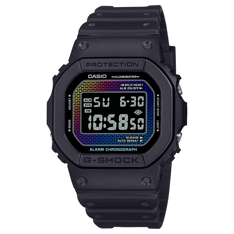 卡西欧（CASIO）男表G-SHOCK户外运动学生经典防水腕手表太阳能小方块送女520礼物 DW-5600RW-1PR彩虹纯黑