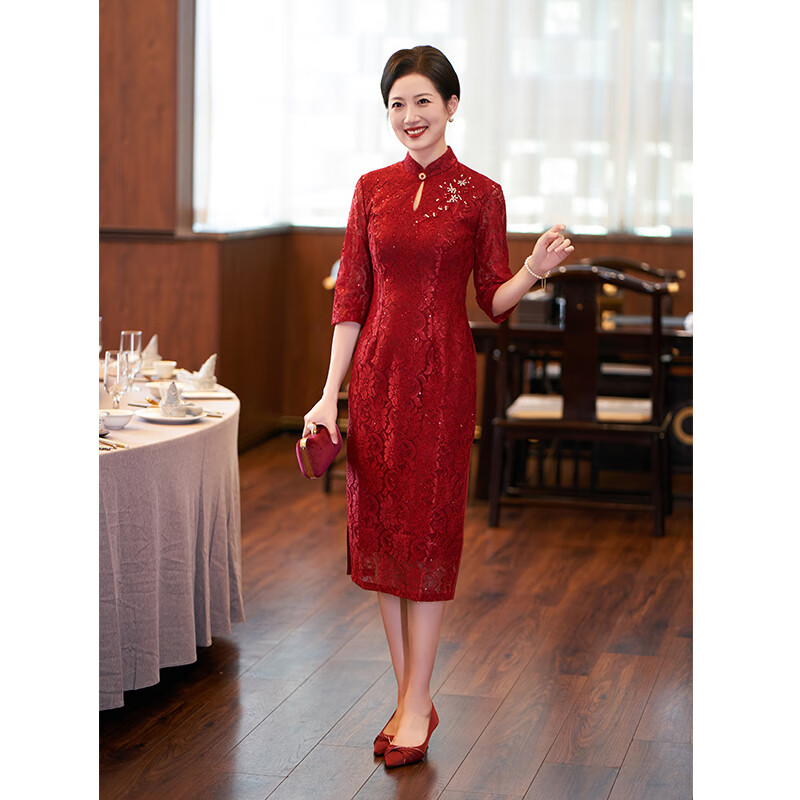 離境天高檔旗袍婚慶媽媽裝禮服高端喜婆婆旗袍婚宴中年媽媽裝旗袍喜服高 牽掛[裝] 5XL推薦150-160斤 均碼