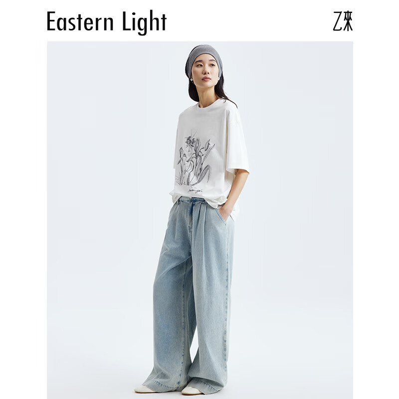 乙来（EASTERN LIGHT）2026夏季新款手绘鸢尾印花短袖T恤女装上衣显瘦潮流可外穿气质 纯净白 S