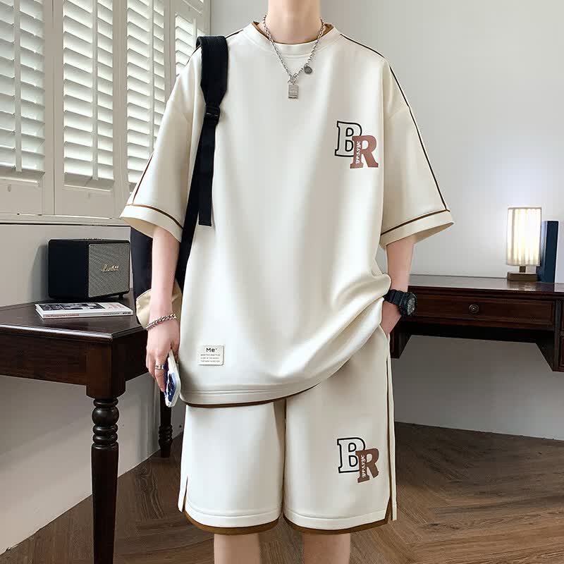 洛科驰青少年运动套装男士t恤短袖2025新款夏季大码一套潮帅气学生夏装 ESD-F51短袖套装米白 M 【80-100斤】