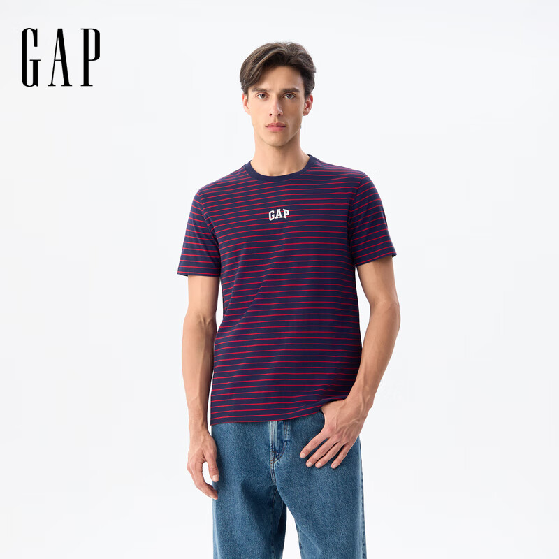 GAP男女装2025夏季新款logo条纹纯棉短袖T恤常规上衣美版 红色条纹 768022 M 美码 L亚洲码180/96A 【偏大，建议拍小一码】