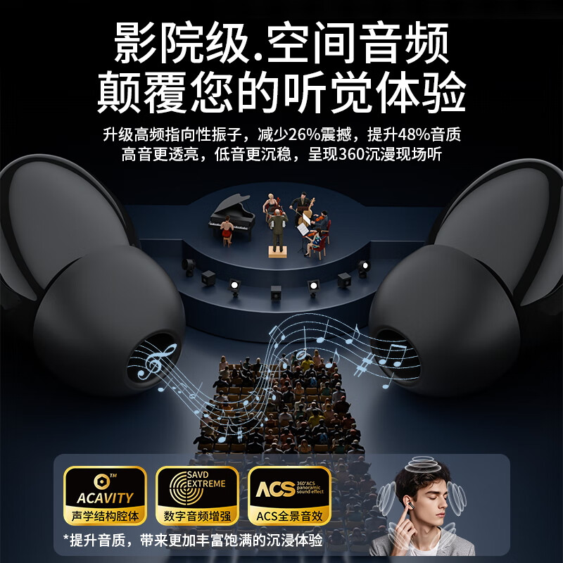 KO-STAR贯尔无线蓝牙耳机ANC主动降噪V6.0音乐游戏运动耳机入耳式HiFi音质通话长续航适用于苹果华为小米 幻夜黑【主动降噪+全景音效+升级APP】