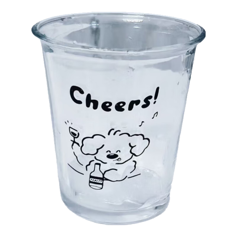 高颜值网红ins风矮款印花玻璃杯加厚水杯咖啡杯果汁杯冷萃杯子 干杯小狗 340ml