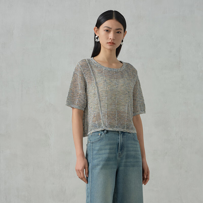 阿依莲【商场同款】洋气针织衫短袖女夏季2025新款减龄罩衫显瘦镂空上衣 海岩蓝 S
