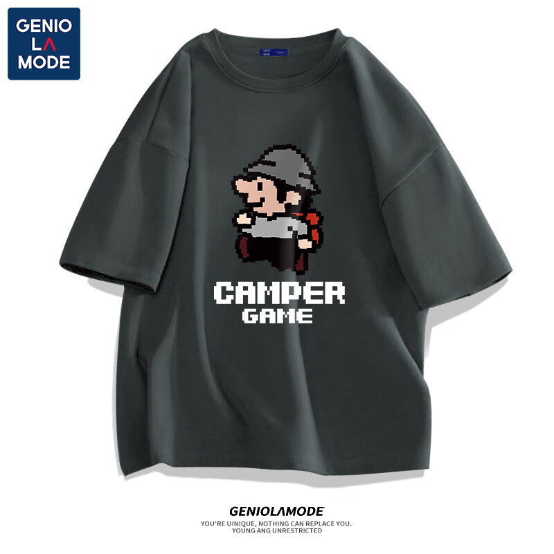 GENIOLAMODE2025新款夏季日系衣服潮像素男女同款短袖t恤 深灰 XL