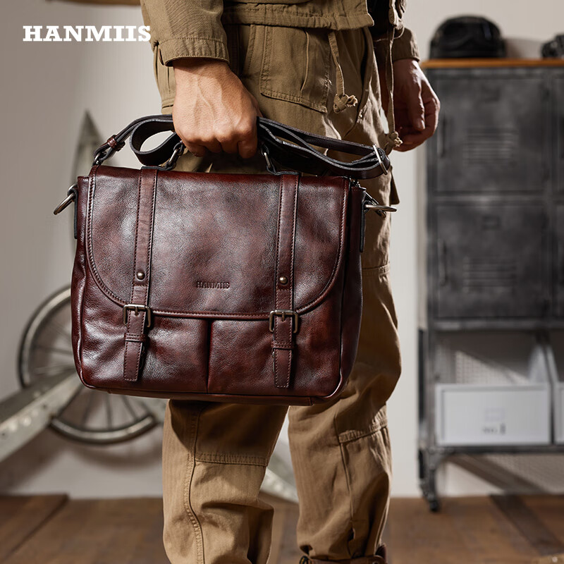 HANMIIS邮差包头层牛皮手提包全真皮男包斜挎出差公文商务休闲单肩包复古 深咖色