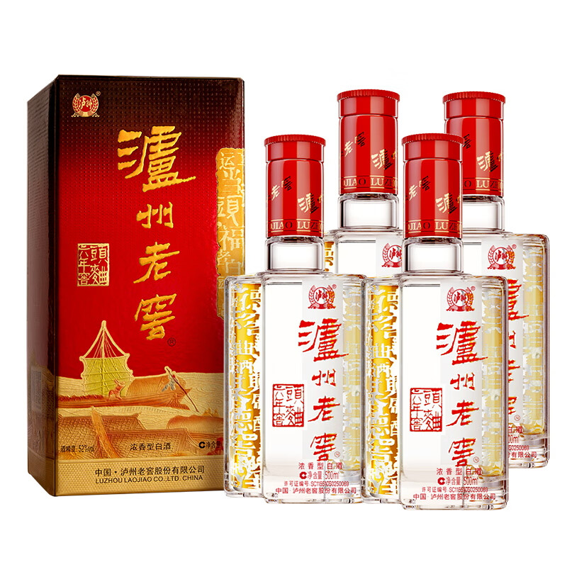 泸州老窖六年窖头曲 浓香型白酒 52度 500mL 4瓶