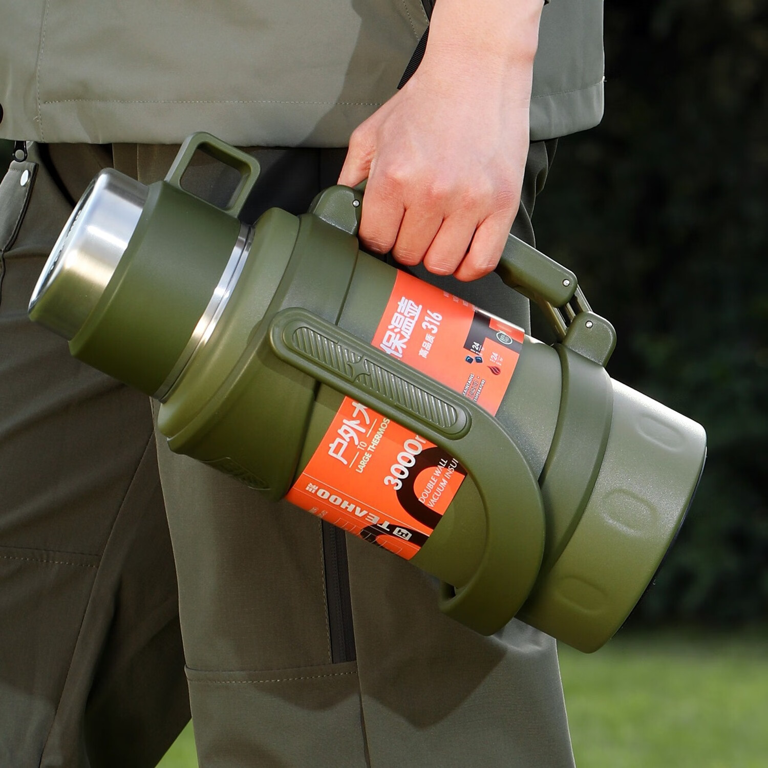 琪虎316不锈钢保温壶大容量户外便携2025新款家用水瓶车载旅行壶宿舍 双内盖-双把手-2500ML军绿色