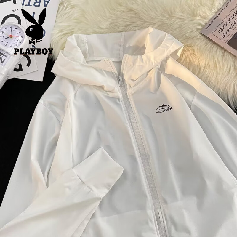花花公子（PLAYBOY）冰絲涼感防曬衣服外套男日系原宿寬松連帽情侶上衣夏季輕薄夾克衫 白色 XL