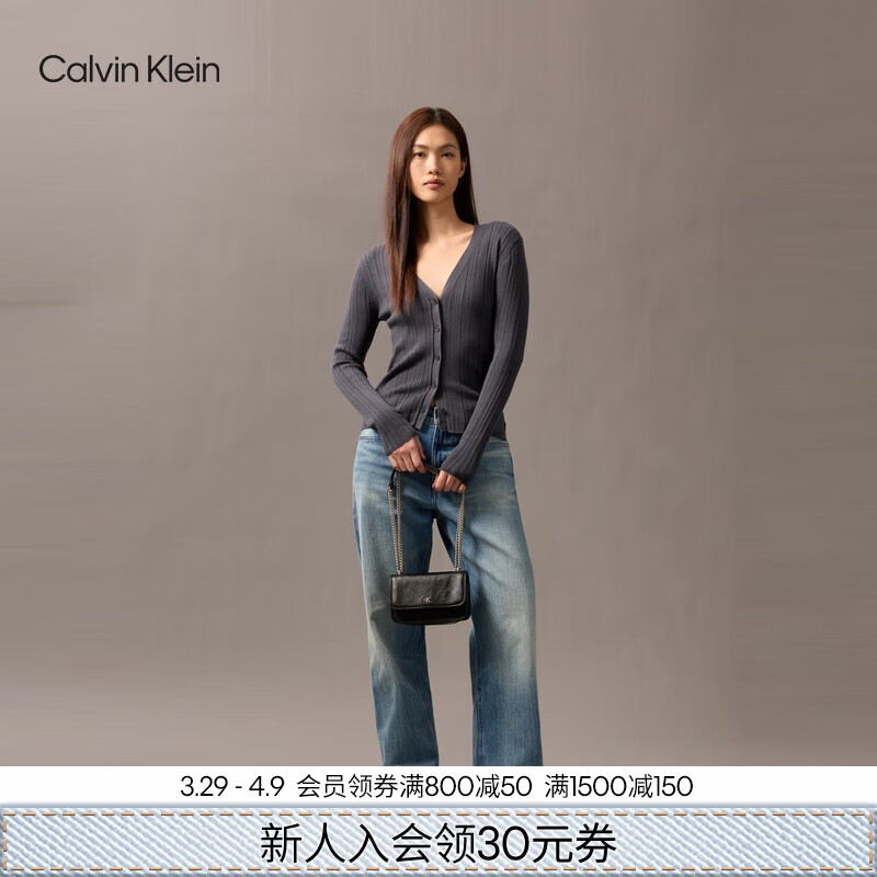 Calvin Klein女包25春夏新款翻蓋鏈條ck油蠟皮單肩斜挎小方包禮物4K3085G