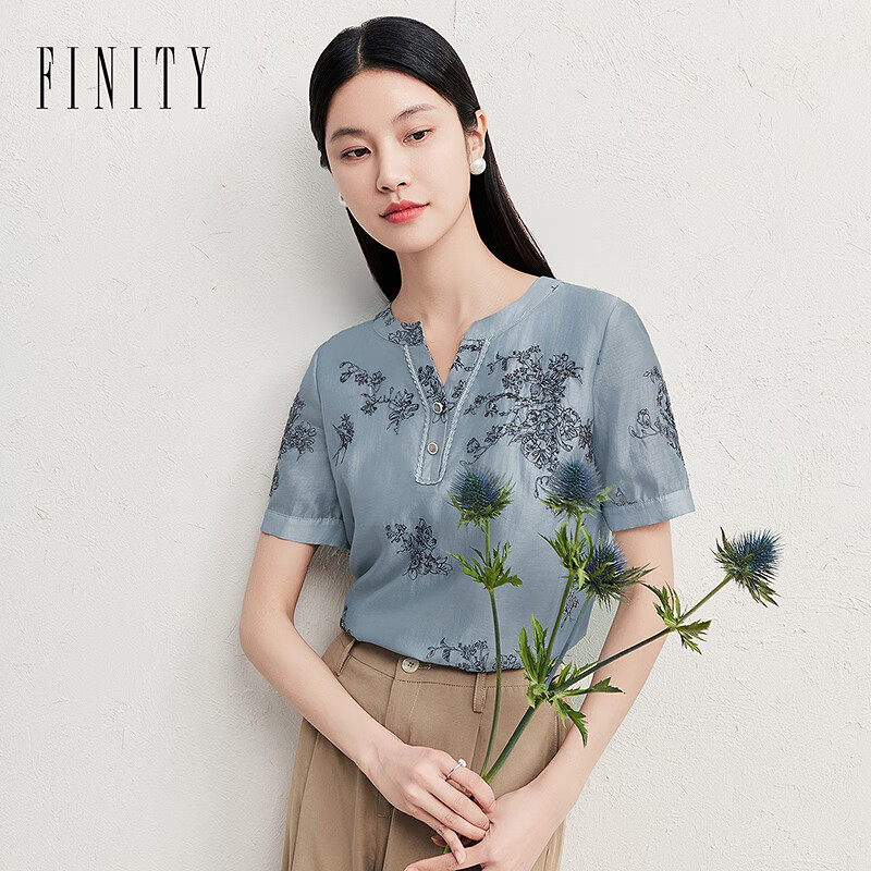 菲妮迪（FINITY）【新中式】雪纺衫2025夏季新款简约国风绣花上衣女 蓝色 XL