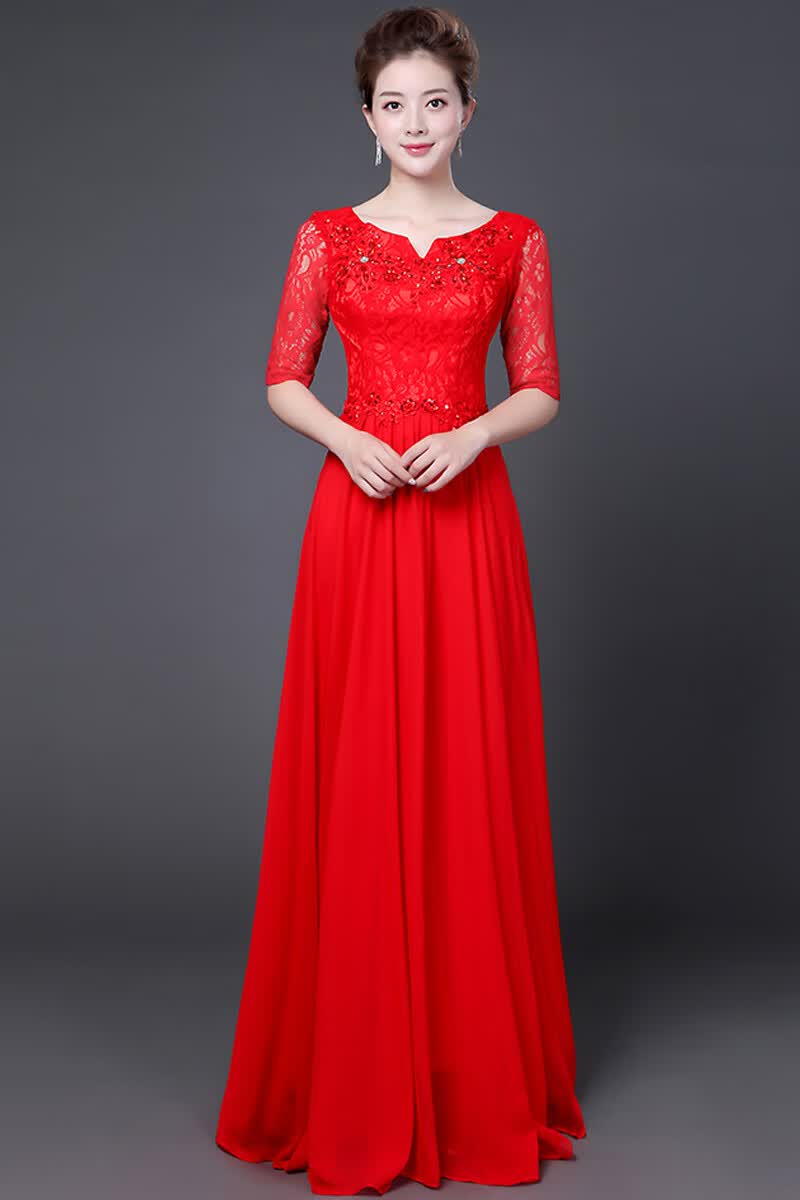 大合唱演出服合唱团演出服女长裙中老年雪纺连衣裙宴会晚礼服 红色 s