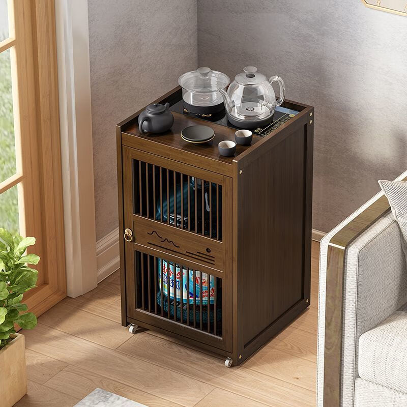 中式移动茶水柜家用小茶台茶桌边柜客厅带轮茶几烧水壶一体置物架 旭日东升无盖款