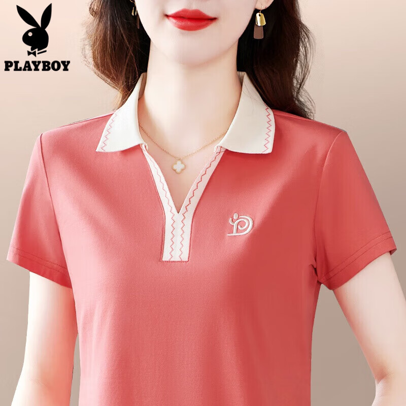 花花公子（PLAYBOY OUTDOOR）棉质宽松短袖t恤女夏新款宽松韩版翻领体恤洋气妈妈休闲上衣 珊瑚色 5XL