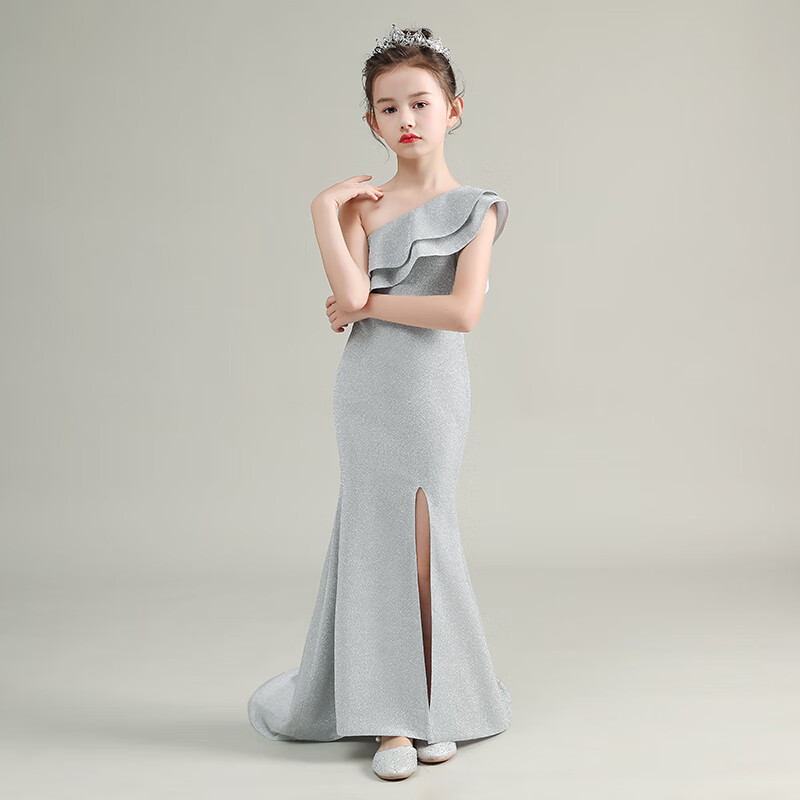 CamalgOri女童走秀禮服高端女晚魚(yú)尾拖尾洋氣高貴模特T臺(tái)車模長(zhǎng)裙女童修身 銀色 110cm 均碼