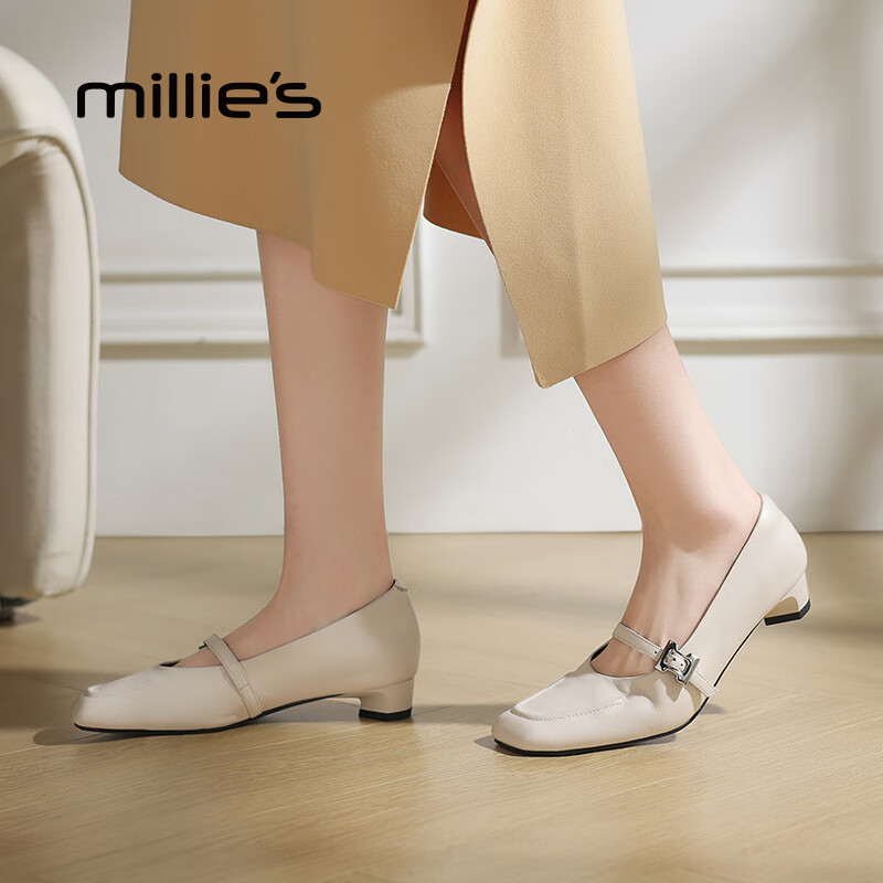 妙丽玛丽珍鞋女低跟真皮浅口时尚百搭2025夏季新款百搭通勤单鞋 米白 37 (235mm) 标准码