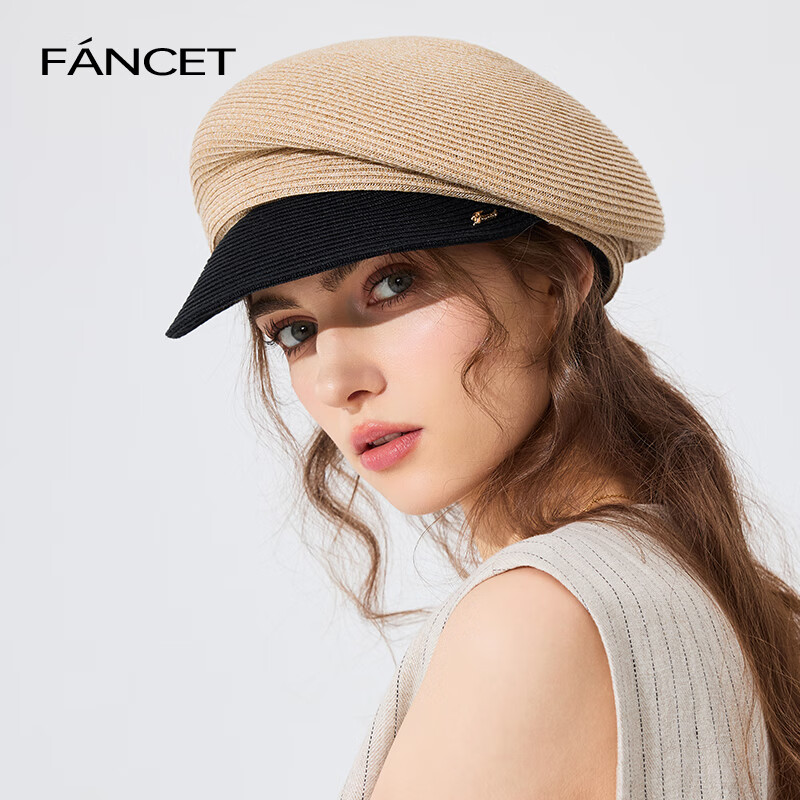 凡饰（FANCET）草帽女春夏撞色拼接海军帽不对称设计贝雷帽草编透气帽子 浅米色