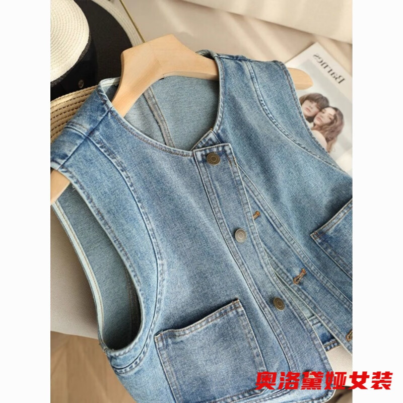 奥洛黛娅时髦洋气百搭叠穿牛仔马甲女春夏宽松短款小个子无袖外套休闲上衣 牛仔蓝 2XL 125-140斤