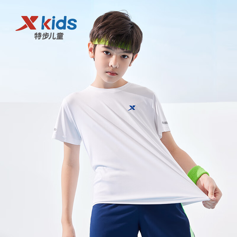 特步（XTEP）童装儿童夏季短袖针织衫短T中大童男童透气舒适运动休闲T恤 珍珠白【9005】 130 cm