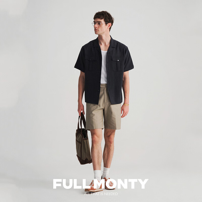 FULL MONTY古巴领短袖衬衫男士藏青色贴袋宽松休闲衬衣2025年春夏 藏青色3095 2XL